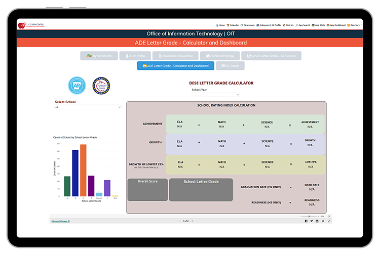 Tablet showing ADE Letter Grade - Calculator and Dashboard